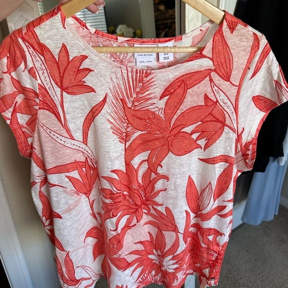 Halston Heritage 100% Linen Red Floral Women's Top - Picture 1 of 5